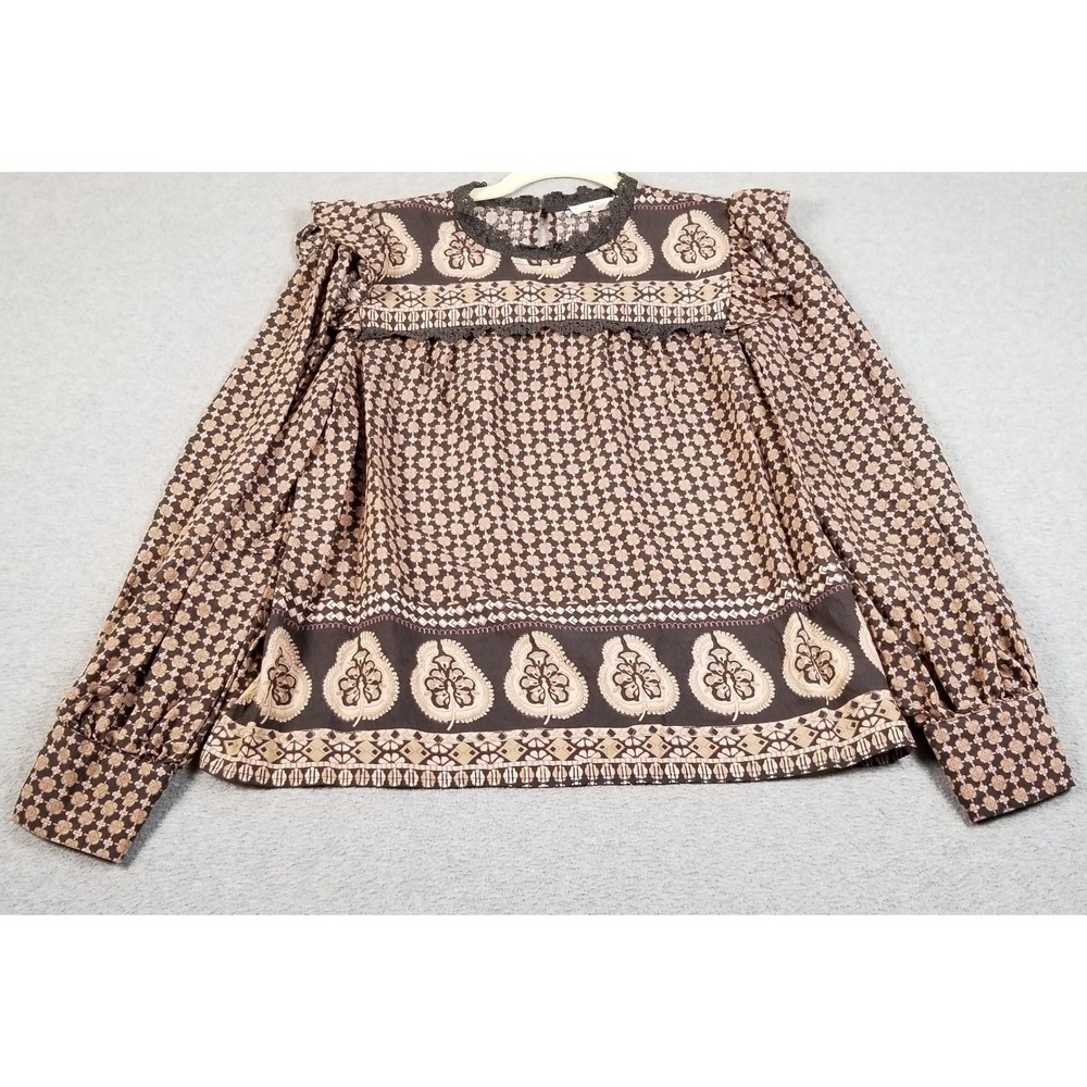 MINE Blouse Womens Large Brown Floral Boho Peasant Crochet Trim Long Sleeve Top